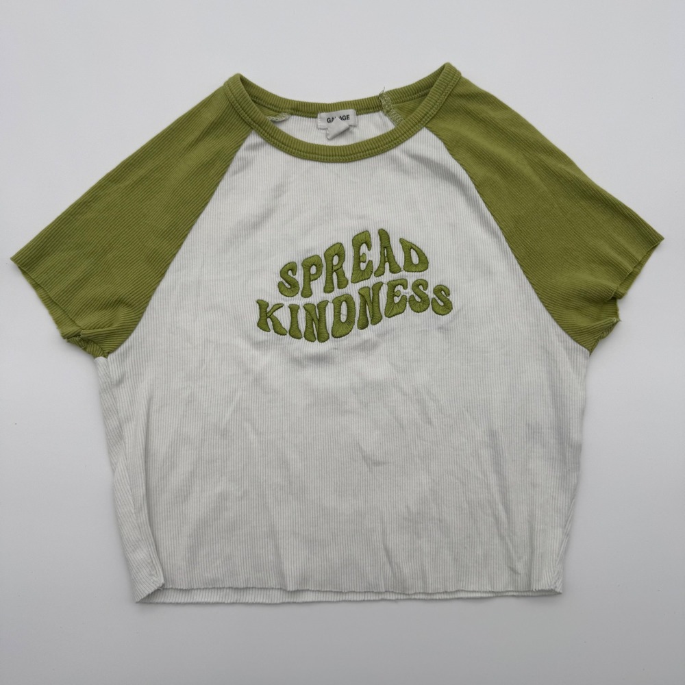 Garage Spread Kindness Ribbed Raglan Baby Tee White Green Crop Top Small